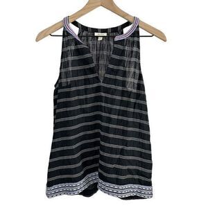 Soft Joie Heather Embroidered Striped Sleeveless‎ Blouse Top Black Extra Small